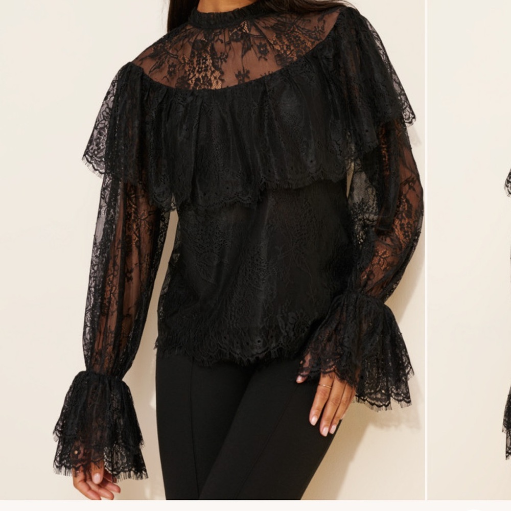 Endless Rose Black Lace Ruffle Long-Sleeve Blouse